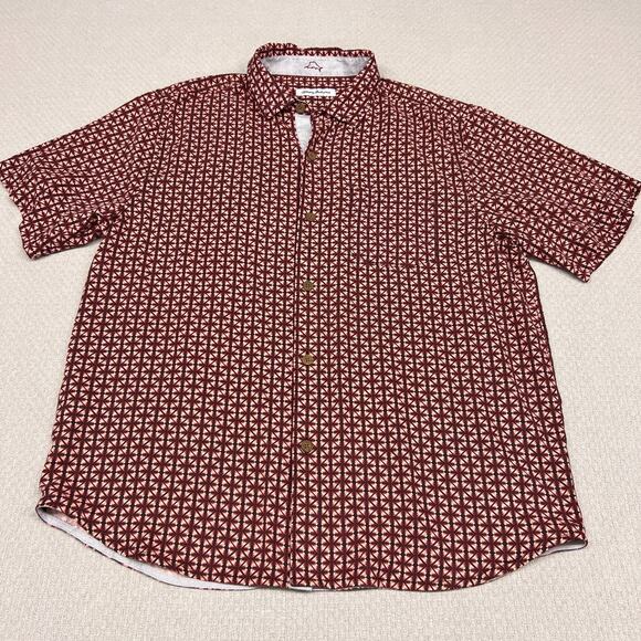 Tommy Bahama Silk Shirt Mens Large Red Geometric Button Down Beach Classic - Picture 1 of 8